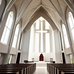**

"Modern church interior, bathed in dramatic natural light, cross-shaped opening, minimalist design, serene atmosphere, Ando Tadao inspired, showcasing interplay of light and shadow, spiritual feeling."

**