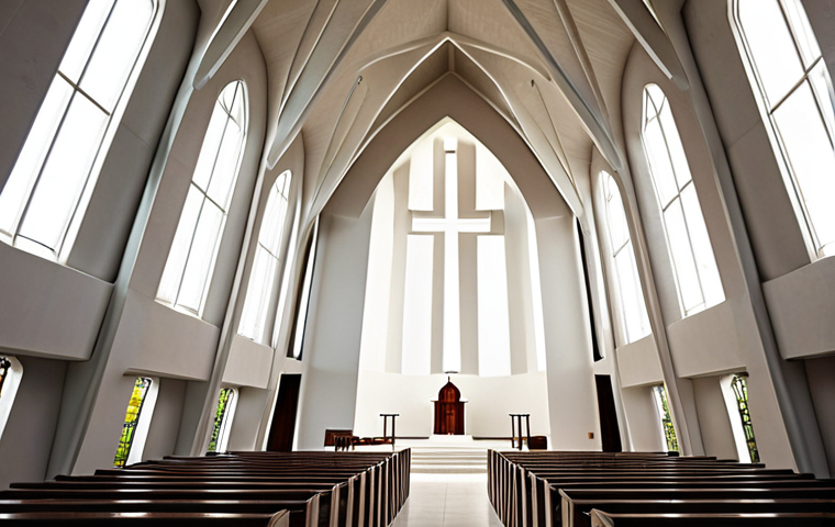**

"Modern church interior, bathed in dramatic natural light, cross-shaped opening, minimalist design, serene atmosphere, Ando Tadao inspired, showcasing interplay of light and shadow, spiritual feeling."

**