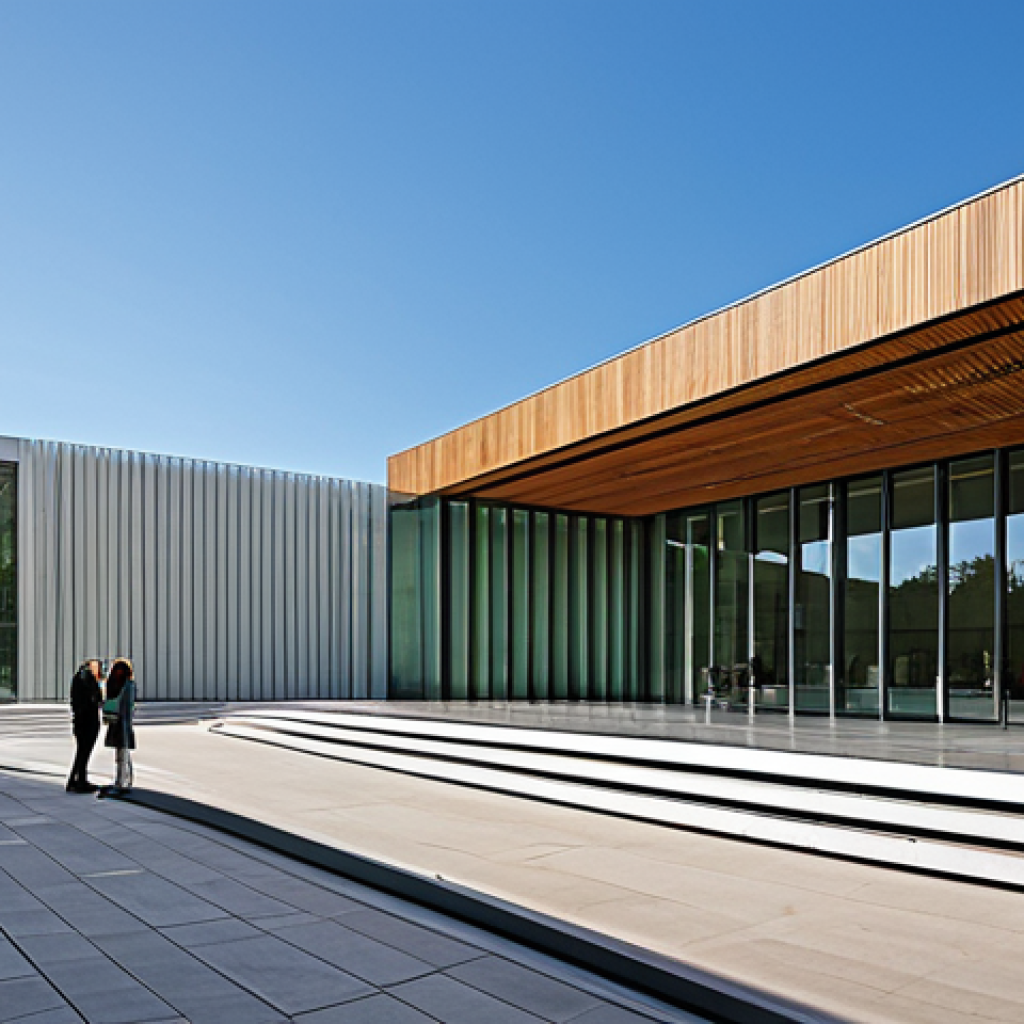 **

"Modern art museum exterior, glass and wood facade, natural light, spacious plaza, fully clothed visitors, appropriate attire, safe for work, perfect anatomy, correct proportions, professional architecture photography, high quality, sustainable design elements, family-friendly"

**