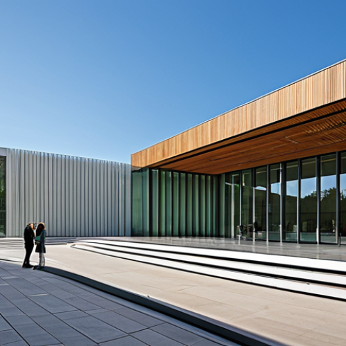 **

"Modern art museum exterior, glass and wood facade, natural light, spacious plaza, fully clothed visitors, appropriate attire, safe for work, perfect anatomy, correct proportions, professional architecture photography, high quality, sustainable design elements, family-friendly"

**