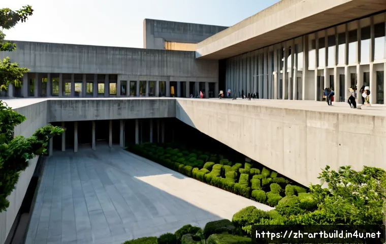 브루탈리즘 건축의 부활 - Photorealistic revival of Brutalist architecture, monumental raw concrete cultural center with bold ...