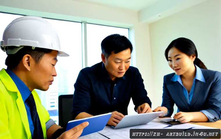 건축 시공사 선정 기준 - Photorealistic architectural contractor selection meeting in a modern bright office, diverse team of...